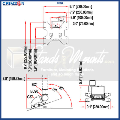 Crimson CXT-KIT9 Extreme Tilt Ceiling Mount Kit, projector mount tilt dimensions diagram