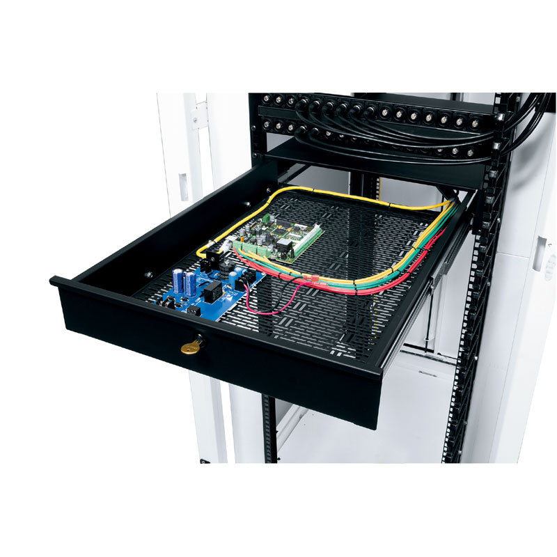 Middle Atlantic Universal Mounting Drawer D2-UMS-28, vented rack drawer open with equipment