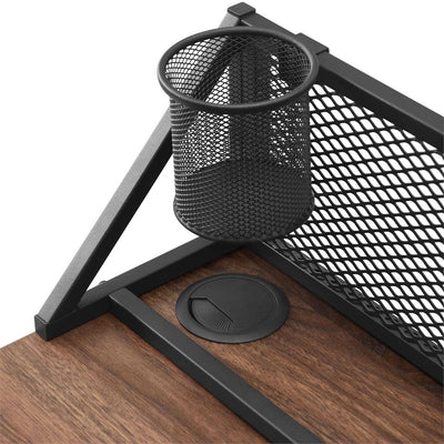 Walker Edison Corbin 42 in. Mesh Back Writing Desk D42CORMBDW, desk pencil cup and cable grommet detail