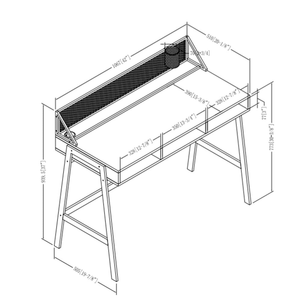 Walker Edison Corbin 42 in. Mesh Back Writing Desk D42CORMBDW, industrial desk technical dimensions diagram