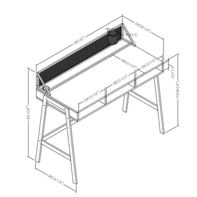 Walker Edison Corbin 42 in. Mesh Back Writing Desk D42CORMBDW, industrial desk technical dimensions diagram
