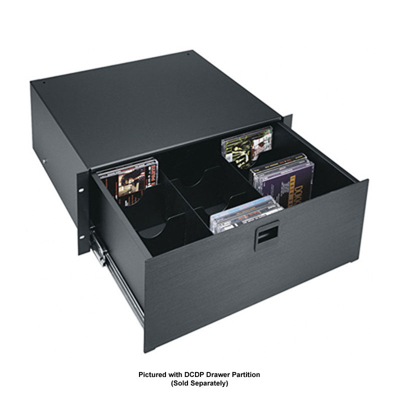 Middle Atlantic Rack Drawer D4, media storage drawer open with discs