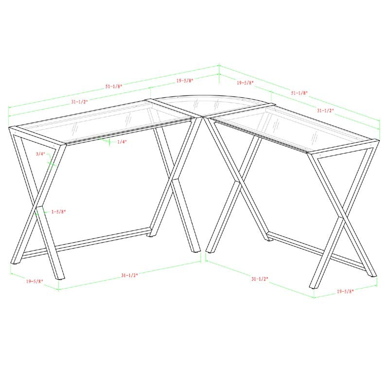 Walker Edison X Frame White Glass and Steel Corner Computer Desk D51X29WH, white corner desk dimensions diagram