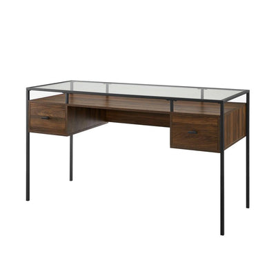 Walker Edison 56 in. 2 Drawer Glass Top Desk D56FUL2DGTDW, wood office desk front three-quarter view