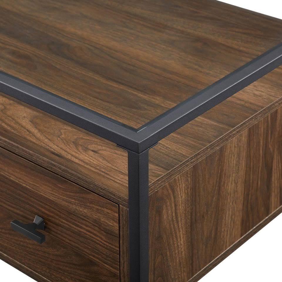Walker Edison 56 in. 2 Drawer Glass Top Desk D56FUL2DGTDW, desk wood top and metal edge detail