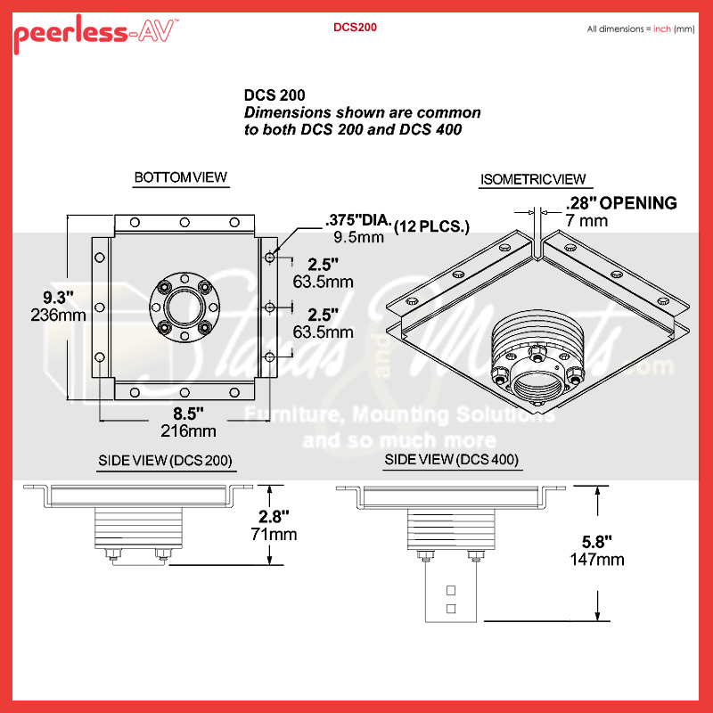 Peerless-AV Multi-Display Structural Ceiling Plate DCS400, ceiling display mount dimensions diagram