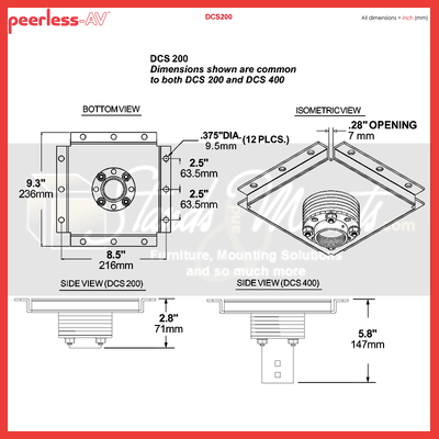Peerless-AV Multi-Display Structural Ceiling Plate DCS400, ceiling display mount dimensions diagram