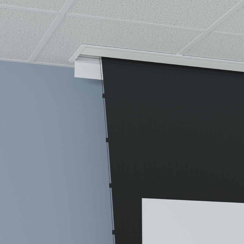Da-Lite DL100234LF Myriad Tensioned Conceal REC Electric Screen, ceiling-mounted housing and deployed screen detail