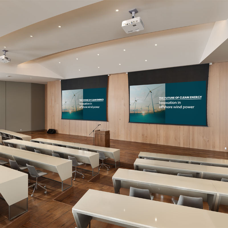 Da-Lite DL100234LF Myriad Tensioned Conceal REC Electric Screen, installed lecture hall view