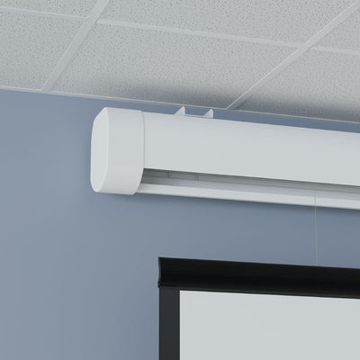 Da-Lite DL100208L Myriad Reveal Electric Screen, ceiling-mounted screen housing left end with screen deployed