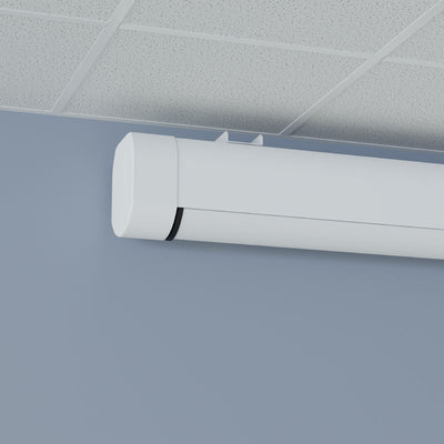 Da-Lite DL100156L Myriad Tensioned Reveal Electric Screen, ceiling-mounted screen housing end cap detail
