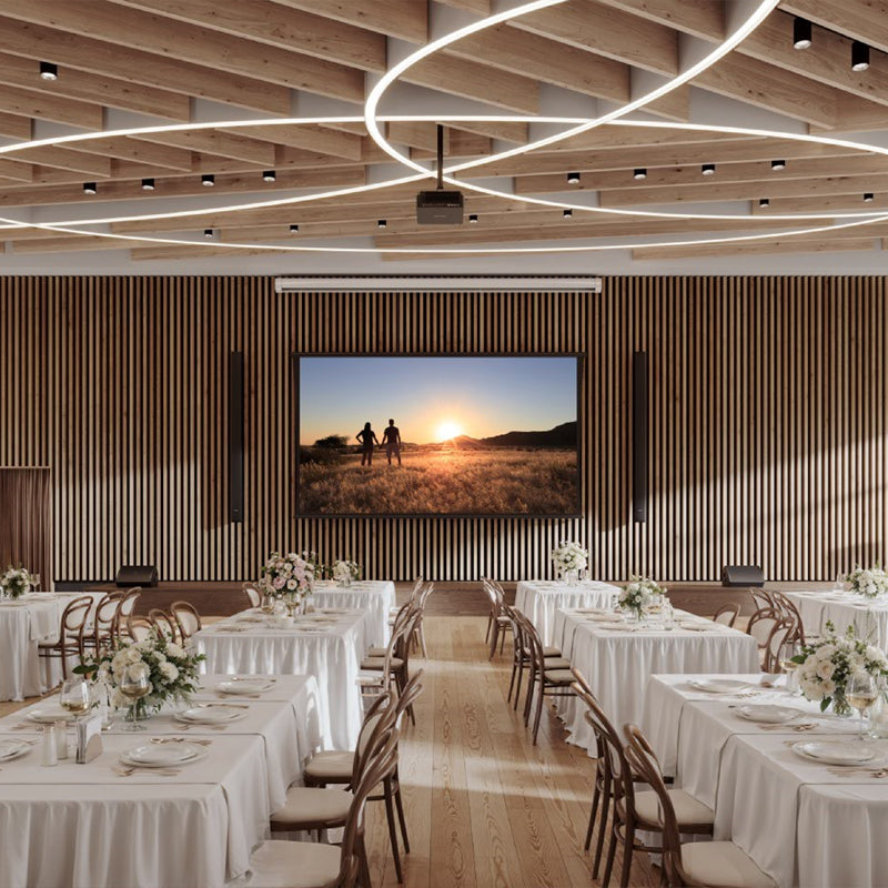 Da-Lite DL100208L Myriad Reveal Electric Screen, installed banquet hall view