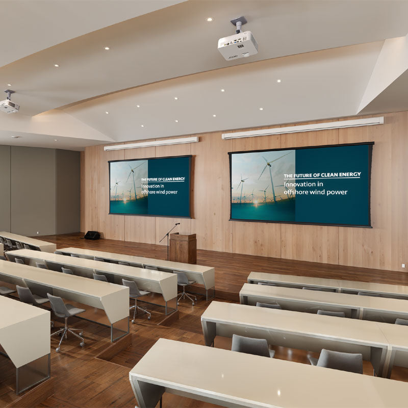 Da-Lite DL100156L Myriad Tensioned Reveal Electric Screen, dual projection screens installed lecture hall view
