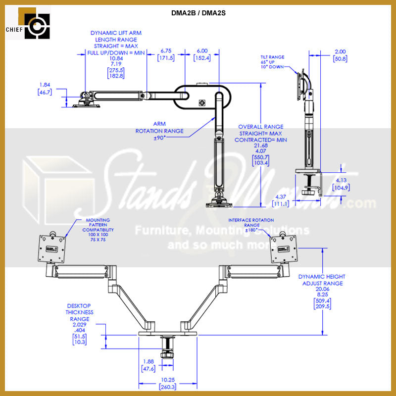 Chief Koncis Monitor Arm Mount DMA2S, dual-monitor desk mount dimensions diagram
