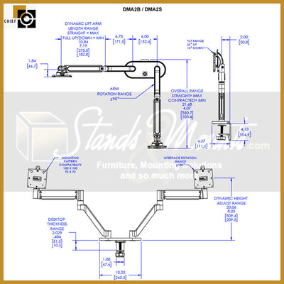 Chief Koncis Monitor Arm Mount DMA2S, dual-monitor desk mount dimensions diagram