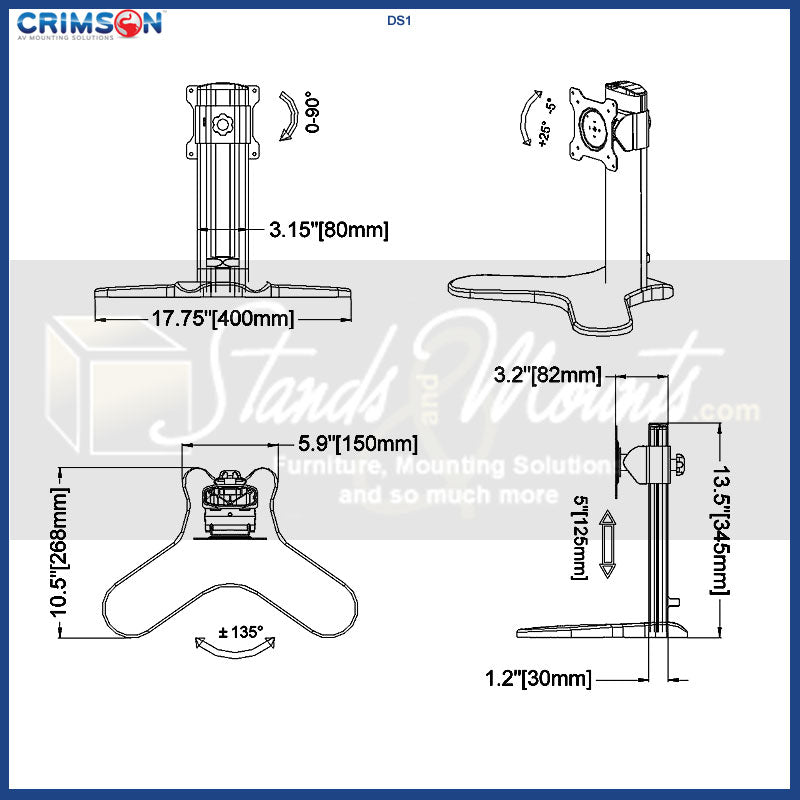 Crimson Small Monitor Desktop Stand DS1, desktop monitor stand dimensions diagram