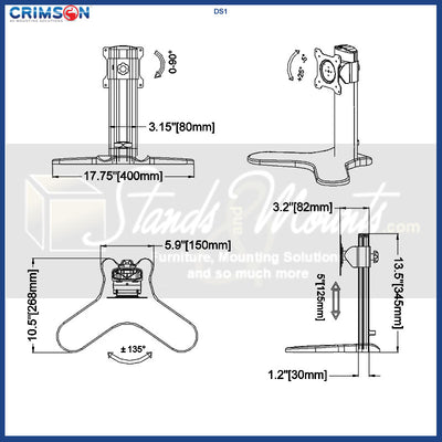 Crimson Small Monitor Desktop Stand DS1, desktop monitor stand dimensions diagram