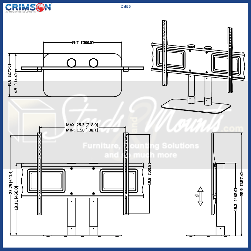 Crimson Large Tabletop Pedestal DS55, dual-display tabletop stand technical dimensions diagram