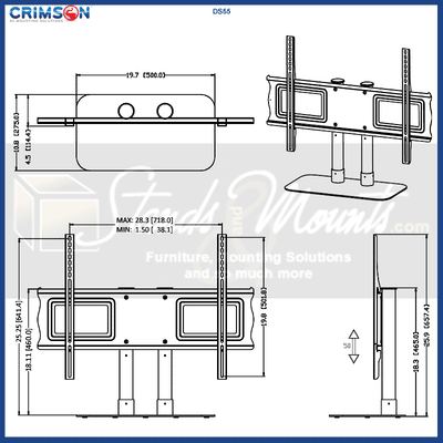 Crimson Large Tabletop Pedestal DS55, dual-display tabletop stand technical dimensions diagram