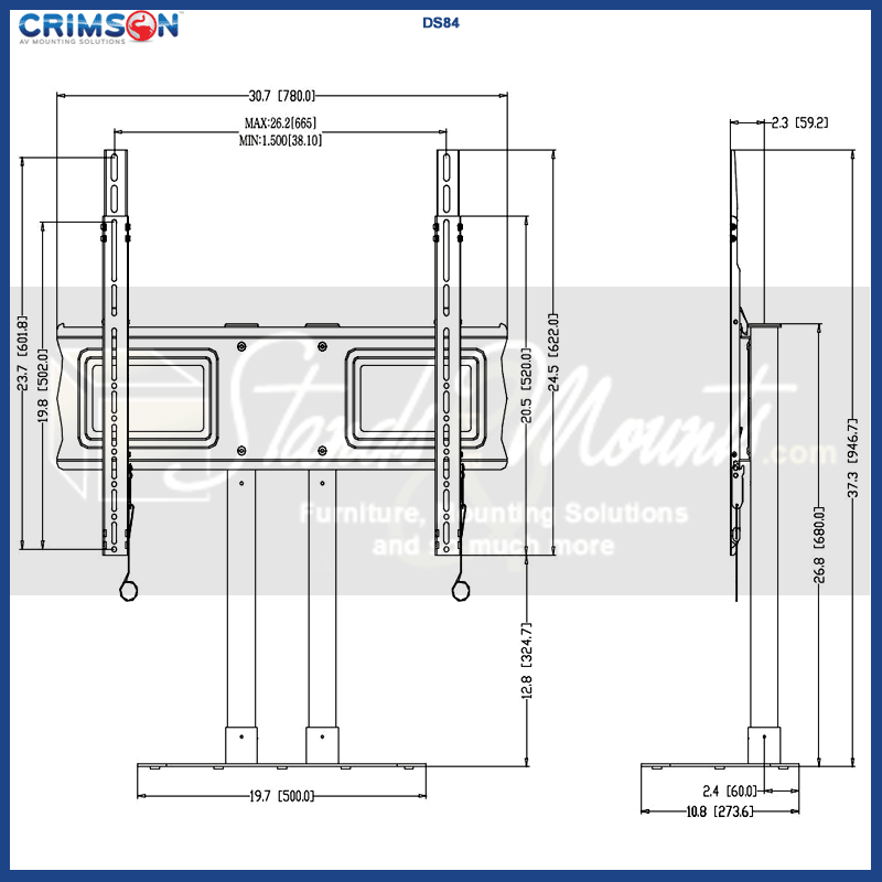 Crimson Extra Large Tabletop Pedestal DS84, dual-display floor stand dimensions diagram