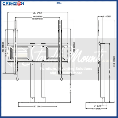 Crimson Extra Large Tabletop Pedestal DS84, dual-display floor stand dimensions diagram