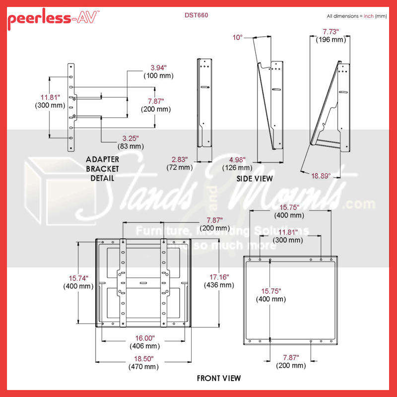 Peerless-AV Large Tilt TV Wall Mount DST660, tilting display wall mount dimensions diagram