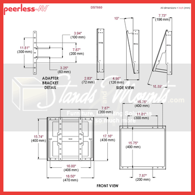 Peerless-AV Large Tilt TV Wall Mount DST660, tilting display wall mount dimensions diagram