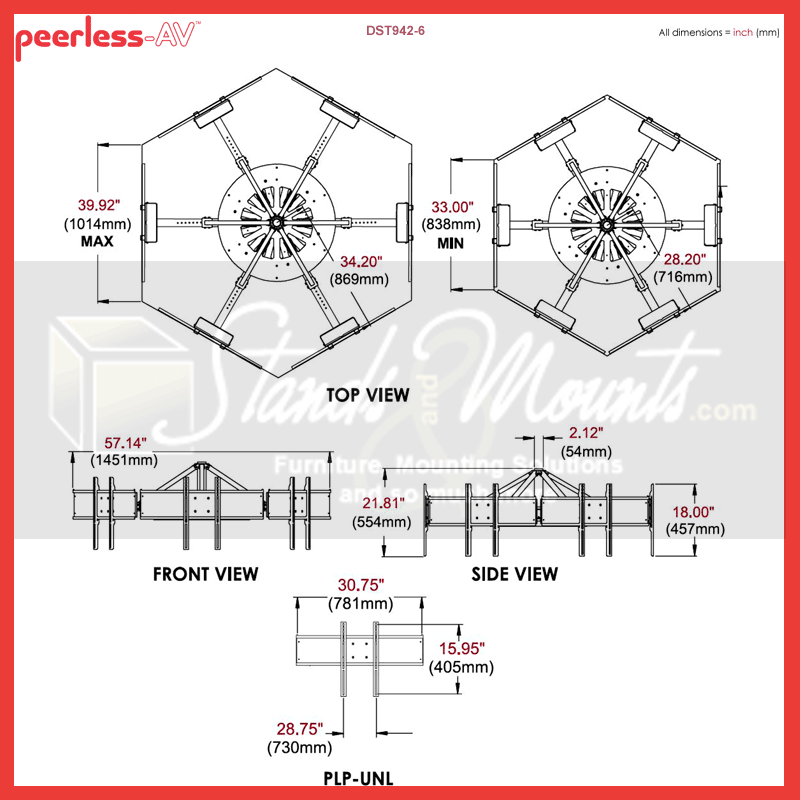 Peerless-AV Telescoping TV Ceiling Mount DST942-6, six-display circular ceiling mount technical dimensions diagram