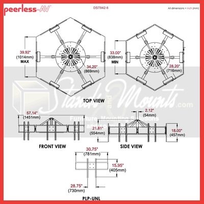 Peerless-AV Telescoping TV Ceiling Mount DST942-6, six-display circular ceiling mount technical dimensions diagram