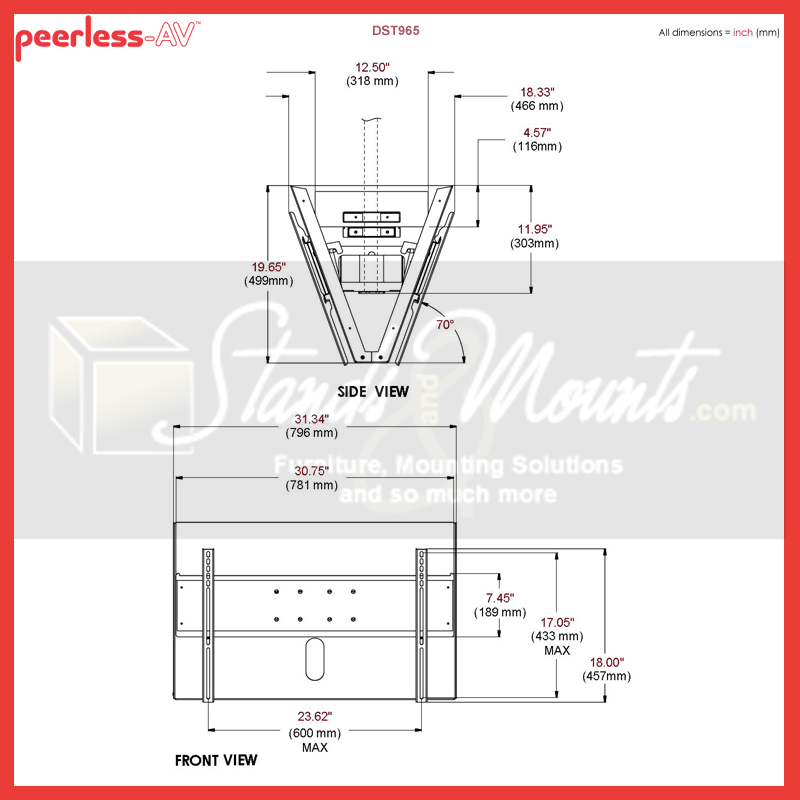 Peerless-AV Dual TV Ceiling Mount DST965, floor display stand dimensions diagram