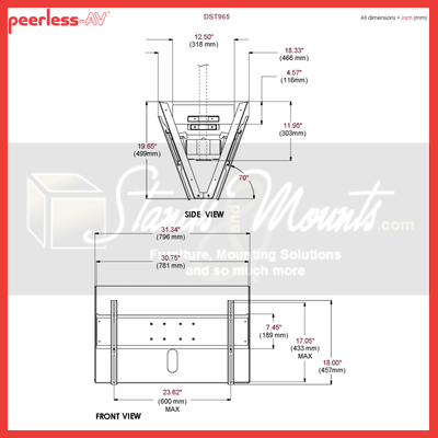 Peerless-AV Dual TV Ceiling Mount DST965, floor display stand dimensions diagram