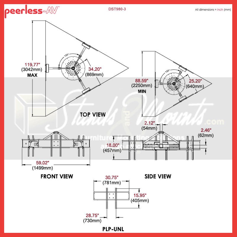 Peerless-AV Telescoping TV Ceiling Mount DST980-3, circular multi-display ceiling mount dimensions diagram