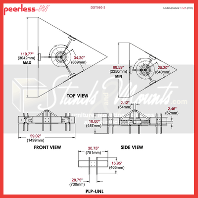 Peerless-AV Telescoping TV Ceiling Mount DST980-3, circular multi-display ceiling mount dimensions diagram