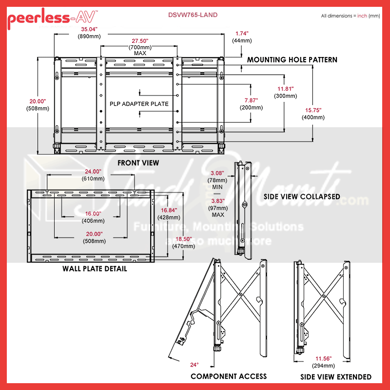 Peerless-AV Full Service Video Wall Mount DS-VW765-LAND, video wall mount dimensions and extension diagram