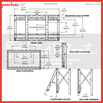 Peerless-AV Full Service Video Wall Mount DS-VW765-LAND, video wall mount dimensions and extension diagram