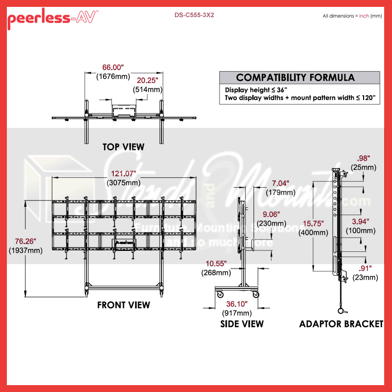 Peerless-AV Video Wall Cart DS-C555-3X2, mobile video wall cart dimensions diagram