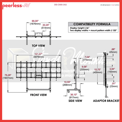 Peerless-AV Video Wall Cart DS-C555-3X2, mobile video wall cart dimensions diagram