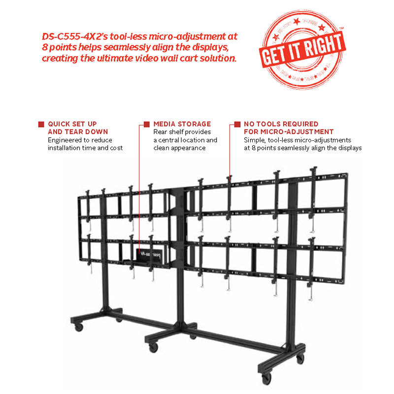 Peerless-AV Video Wall Cart DS-C555-4X2, mobile video wall cart features diagram