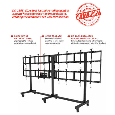 Peerless-AV Video Wall Cart DS-C555-4X2, mobile video wall cart features diagram
