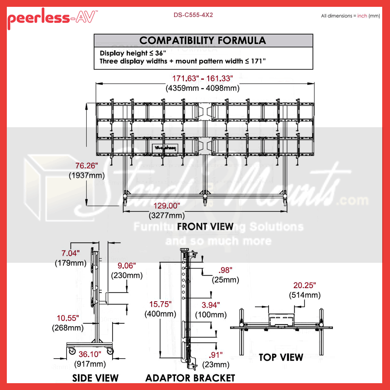 Peerless-AV Video Wall Cart DS-C555-4X2, mobile video wall cart dimensions diagram