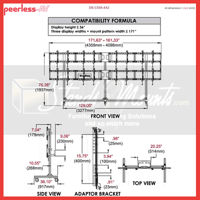 Peerless-AV Video Wall Cart DS-C555-4X2, mobile video wall cart dimensions diagram