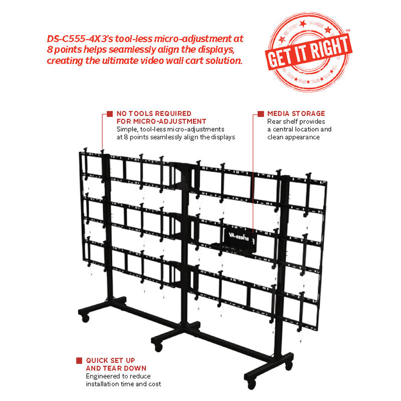 Peerless-AV Video Wall Cart DS-C555-4X3, mobile video wall cart labeled setup and adjustment features