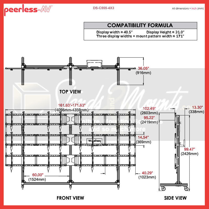 Peerless-AV Video Wall Cart DS-C555-4X3, mobile video wall cart technical dimensions from multiple views