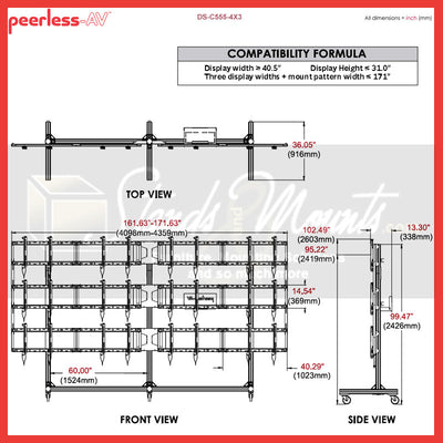 Peerless-AV Video Wall Cart DS-C555-4X3, mobile video wall cart technical dimensions from multiple views