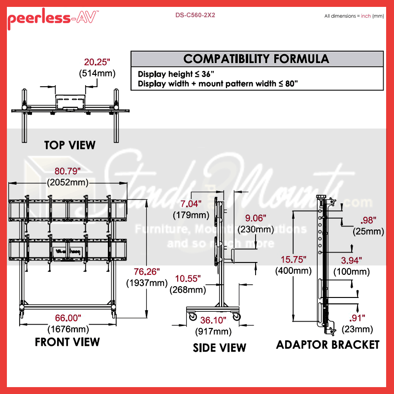 Peerless-AV Video Wall Cart DS-C560-2X2, video wall cart dimensions diagram