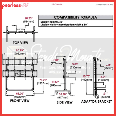Peerless-AV Video Wall Cart DS-C560-2X2, video wall cart dimensions diagram
