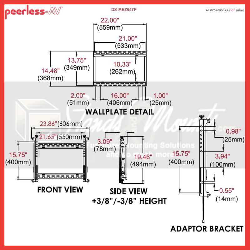 Peerless-AV Micro Adjust Digital Menu Board Mount DS-MBZ647P, multi-display wall mount technical dimensions