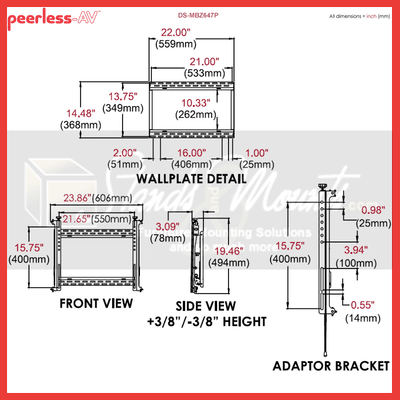 Peerless-AV Micro Adjust Digital Menu Board Mount DS-MBZ647P, multi-display wall mount technical dimensions