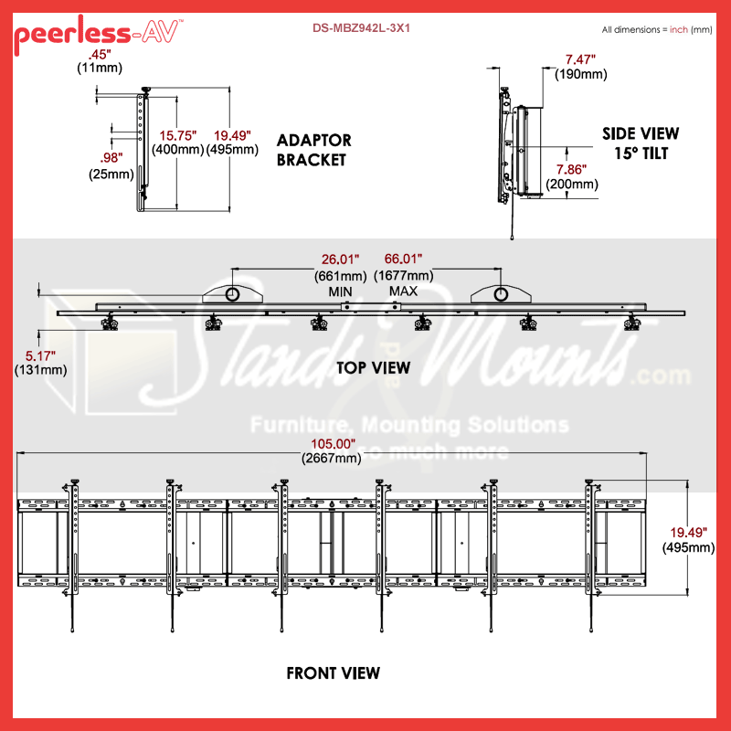 Peerless-AV Menu Board Ceiling Mount DS-MBZ942L-3X1, multi-display wall mount technical dimensions diagram