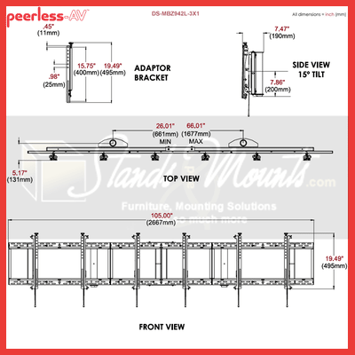 Peerless-AV Menu Board Ceiling Mount DS-MBZ942L-3X1, multi-display wall mount technical dimensions diagram